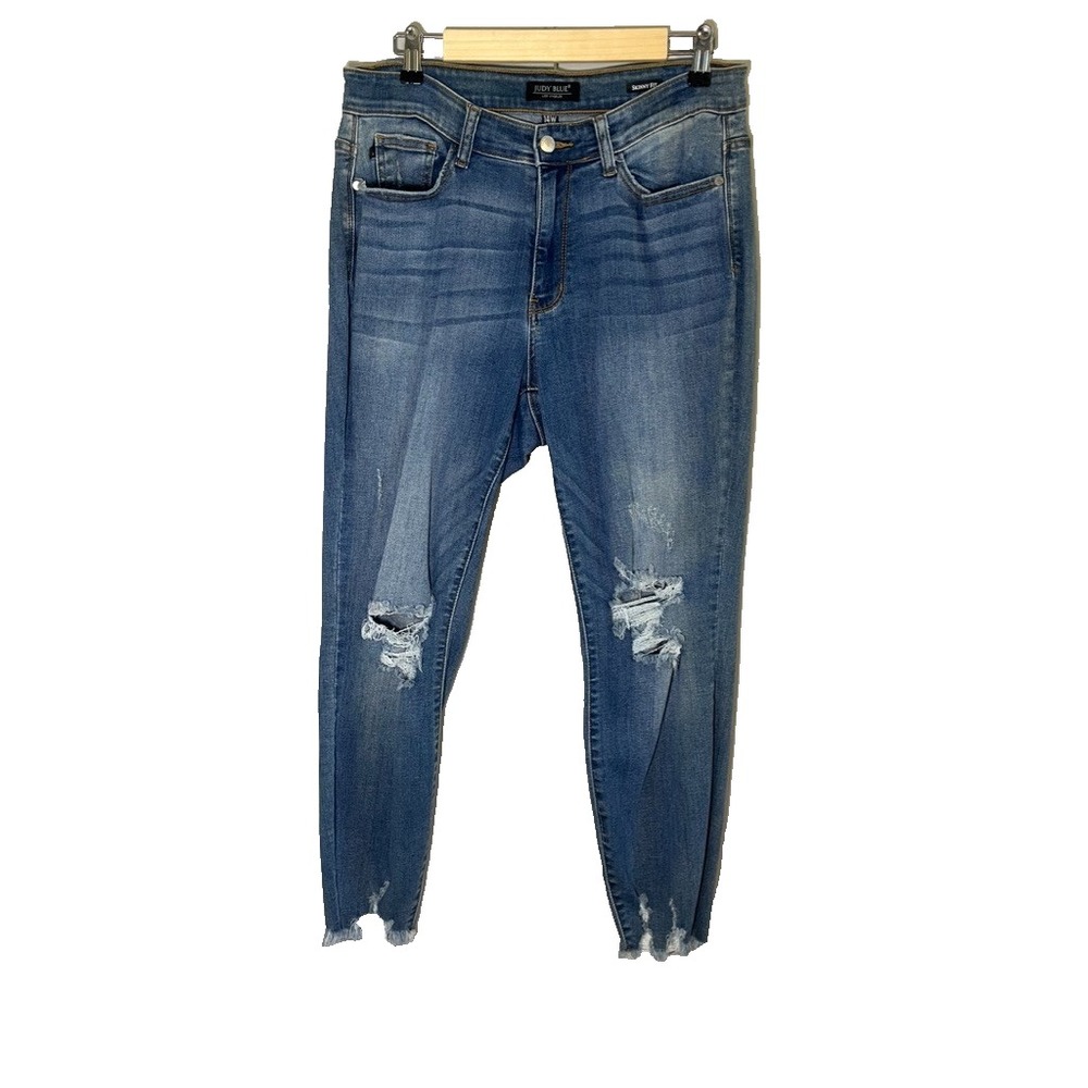 Judy Blue Skinny Fit Distressed Denim Jeans 14W Western Classic Chic Dark Wash